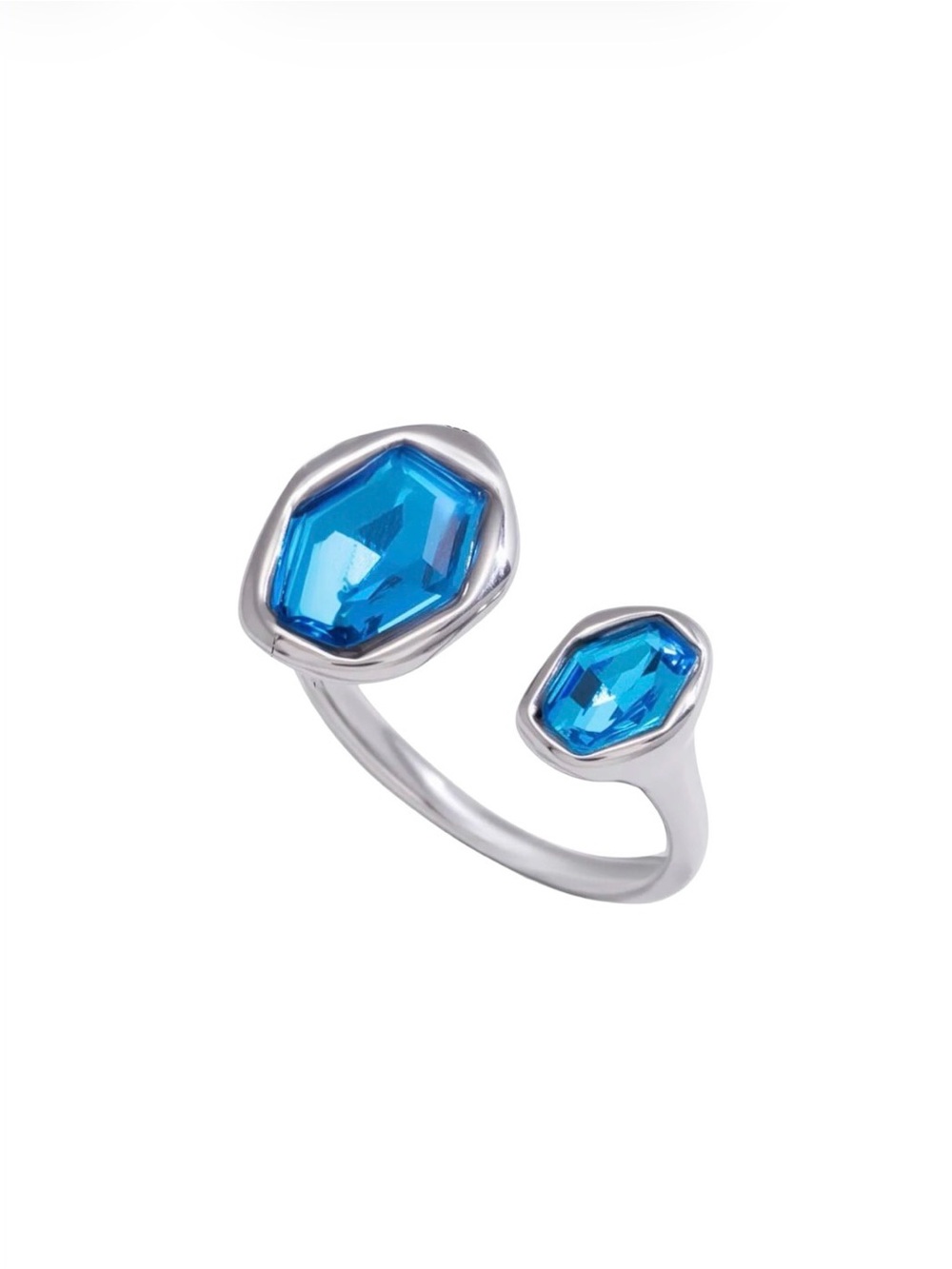 Open Ring with Blue Faceted Stones White Gold Plated NWT